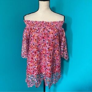 Tahari M Colorful Pink Abstract Floral Textured Off Shoulder Blouse